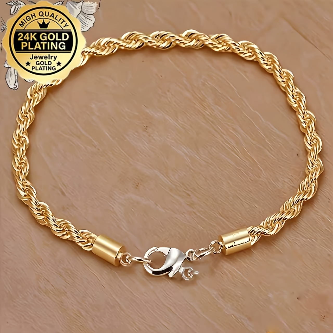 24K Gold-Plated Twisted Rope Braid Bracelet, Unisex